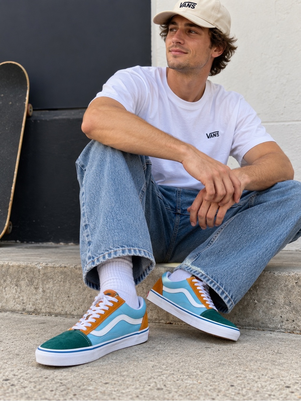Vans Old Skool Colorblock Sneakers Mens 9.5 Womens 11 Blue Green Orange Suede
